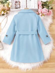 Sparklyn 女童简约双排扣中长款风衣，配腰带，春秋季时尚外套 - 淺藍色 - 查看 2