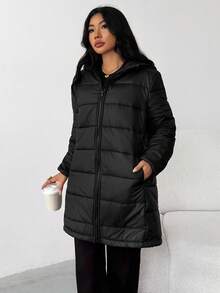 SHEIN 休闲舒适连帽长款棉衣，适合青少年女孩，百搭秋冬女孩服装 - 黑色 - 查看 5