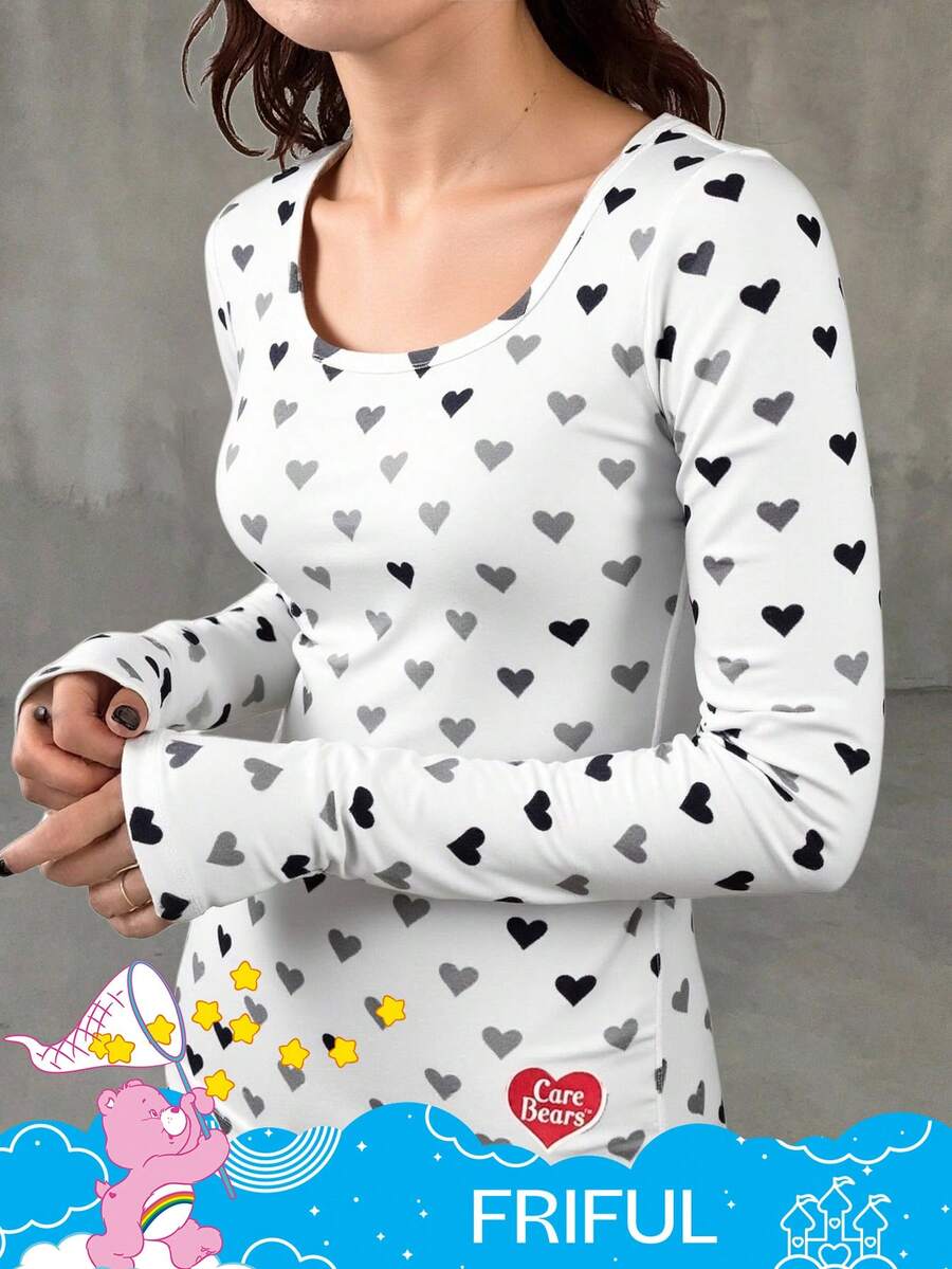 SHEIN X Care Bears FRIFUL Women's Square Neck Tight Fit Casual T-Shirt With All-Over Heart Pattern Long Sleeve Top - White - View 1