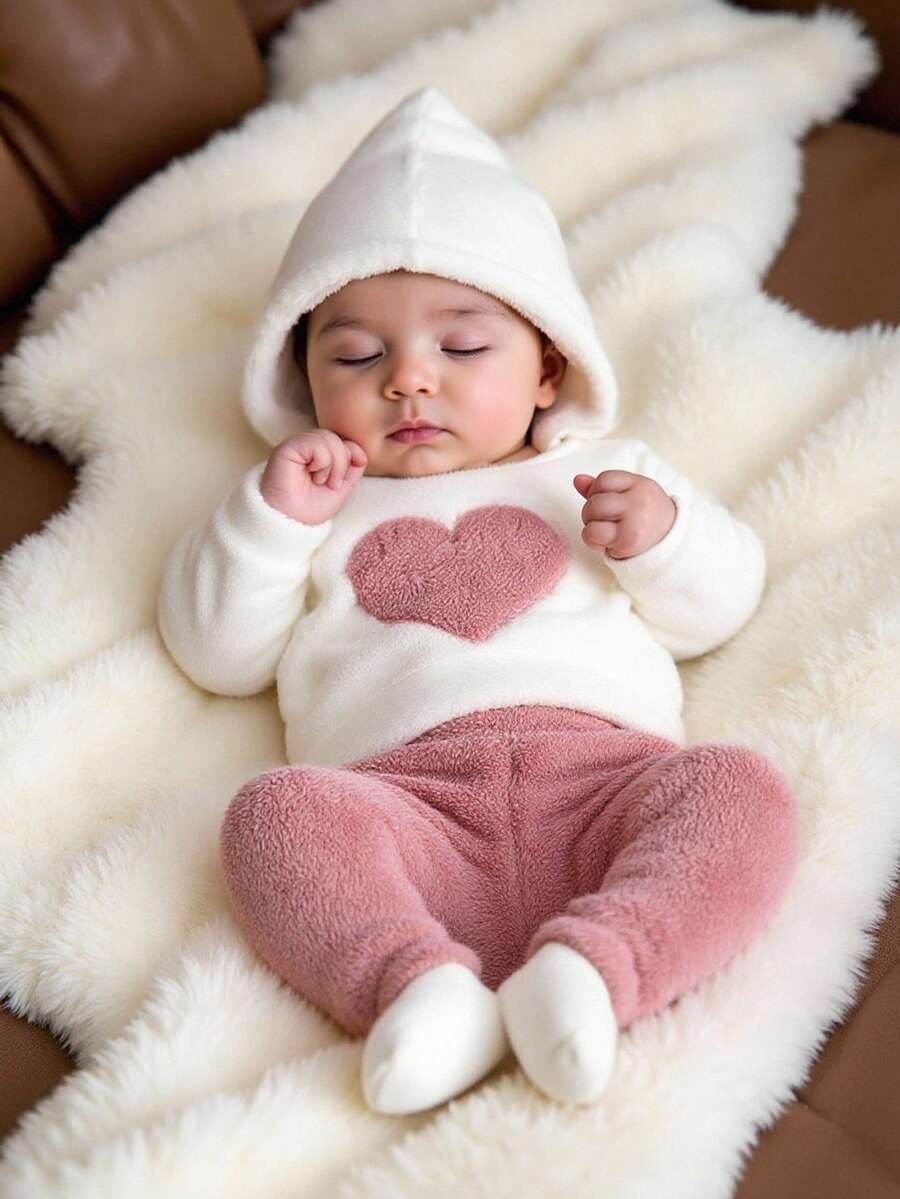 SHEIN Bộ 2 món/Bộ đồ liền thân thêu hình trái tim ấm áp cho bé gái sơ sinh, áo nỉ có mũ trùm đầu và quần dài cho mùa thu/đông - Nhiều màu - Xem 1