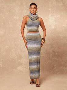 Lumalex Winter/Herbst, Ombre, rückenfreies Neckholder-Strickoberteil und -rock, 2 Stücke Set, glamouröses, elegantes Kleid, Herbst, neuer Stil, Damen, luxuriös, Abschlussball, Versammlung, Party, Bankett, bescheiden, altes Geld, kokett, Glitzer, Urlaubsparty, Rave, Festival, Ausflug, Urlaub, heiß, draußen, reich geschichtet, Hochzeitssaison, Bankett, Halloween, Weihnachten, Neujahr, schick, Herbst, neuer Stil, Damen, Gala-Nacht, zarte Romantik