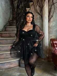 Lyrianda Plus Size Waist Tie Bow Decor Dress, Party Wear Glitter Dress Black Sparkle Dress Tulle Dress Sparkly Dress Black Glitter Dress