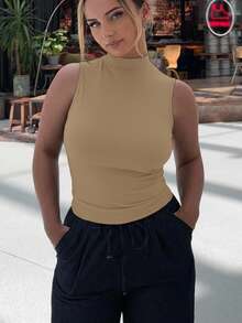Jeta Ari Women High Neck Bodycon Sleeveless Tank Top Preppy Tops - Khaki - View 5