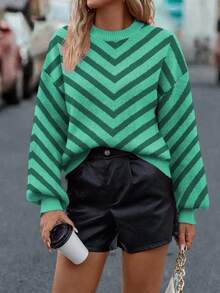 EMERY ROSE Maglione casual e ampio da donna a maniche lunghe con scollo tondo e spalle cadenti, a righe, adatto per autunno/inverno - Verde - Visualizzare 5