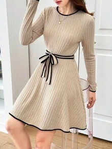 SHEIN 青少年女孩休闲日常通勤撞色滚边系带长袖连衣裙，适合春季/秋季/圣诞节、节日/家庭日/新年快乐 - 彩色 - 查看 3