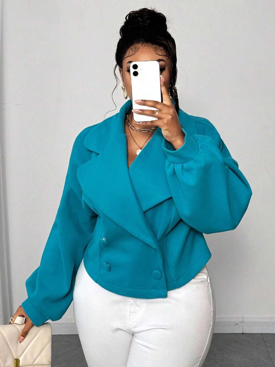 Maweii 大码女式休闲纯色翻领双排扣短款外套，秋季款 - 藍色 - 查看 1