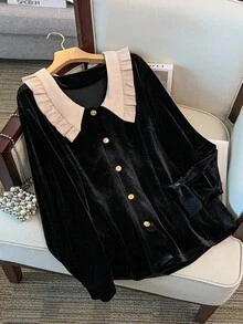 GlowEve CURVE 大码女式天鹅绒拼布荷叶边长袖衬衫，宽松时尚，秋冬 - 黑色 - 查看 7