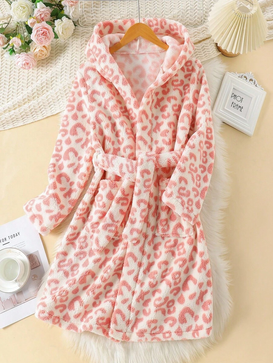 Girls' Comfortable Soft Leopard Print Long Sleeve Hooded Long Robe Loungewear - Baby Pink - View 1