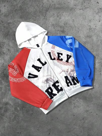 Street Life Sudadera con capucha de retazos de color contrastante con estampado de personaje del Renacimiento para hombre, otoño