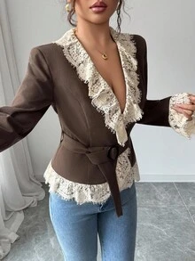 Elenzga Women's Elegant Fashion Commuter Casual Comfortable Charming Retro Gentle Lady Modern Romantic Holiday Autumn/Winter Long Sleeve V-Neck Cardigan With Belt, Waist Cinched, Lace Trim Patchwork Blazer