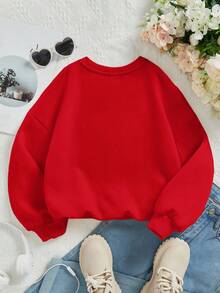 年轻女孩休闲圆领厚长袖运动衫，适合秋冬季 - 紅色 - 查看 2