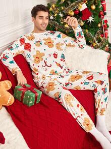 Velminro 男士姜饼印花长袖上衣和裤子睡衣套装，秋季服装，圣诞节 - 紅白色 - 查看 3