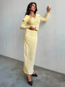 Aloruh 女式两件套毛衣套装，浅黄色奶油色开衫和长款超长裙，秋冬 - 黃色 - 查看 2