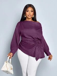 SOLERSUN Women's Plus Size Fall And Winter Solid Color Asymmetric Collar Long Sleeve Side Drawstring Ruched Fashion Blouse,Asymmetric Hem Blue Woven Fabric Shopping And Dating Blouse - Red Violet - View 7