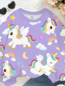 SHEIN Sudadera de manga larga de punto cómoda y holgada con estampado de unicornio arcoíris de dibujos animados, apropiada para otoño/invierno, para niñas jóvenes de uso casual y lindo - Multicolor - Ver 4