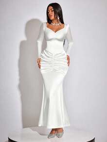 INAWLY Women's Elegant Sexy Satin Backless Bow Decor Long Sleeve Maxi Dress, Suitable For Party, Spring/Autumn - White - View 6