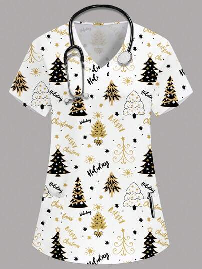 PopScrub 圣诞V领短袖双口袋可爱圣诞树、星星、雪花、卡通印花护士/医生工作服上衣/健康检查手术服/女士纯色宠物美容工作服上衣/营养师工作服短袖/实验室工作服，多口袋功能性工作服，女士节日功能性圣诞上衣，圣诞装饰，可爱，欢乐