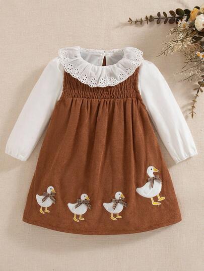 Souflis Souflis Baby Girls Spring/Autumn New Lace Collar Long Sleeve T-Shirt, Corduroy Vest, 5-Star Embroidered Cute Duck Dress 2pcs Set