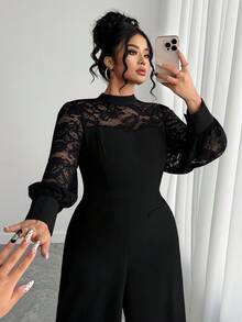 Elenzga 大码女式优雅立领蕾丝拼接长袖仿口袋装饰腰部修身休闲连体裤，秋冬 - 黑色 - 查看 7