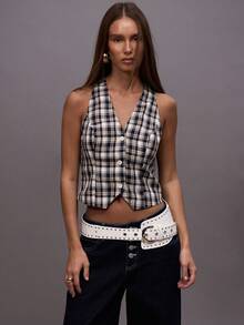 MUSERA Top corto ajustado con cuello en V y botones a cuadros, para salir de noche, uso diario, primavera, verano, otoño e invierno - Multicolor - Ver 1