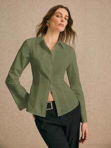 2026 Camisa casual elegante de mangas largas para mujer, con cintura con cordón y botones delanteros, de algodón, para oficina y trabajo, ropa formal para mujer de negocios, adecuada para ocasiones formales en el lugar de trabajo, salidas elegantes, estilo de sirena de oficina - Verde militar - Ver 6