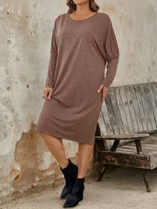 Plus Size Casual Fitted Round Neck Knit Dress For Women - Brown - View 5