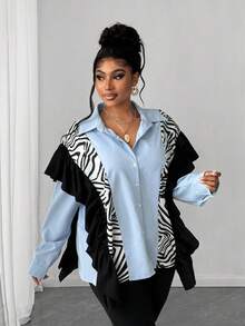 Maweii 大码秋季休闲拼布斑马纹前扣荷叶边长袖衬衫 - 彩色 - 查看 1