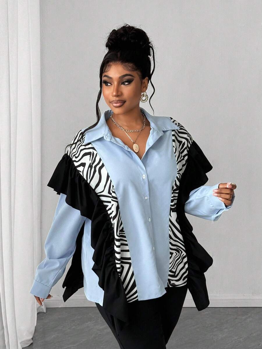 Maweii 大码秋季休闲拼布斑马纹前扣荷叶边长袖衬衫 - 彩色 - 查看 1