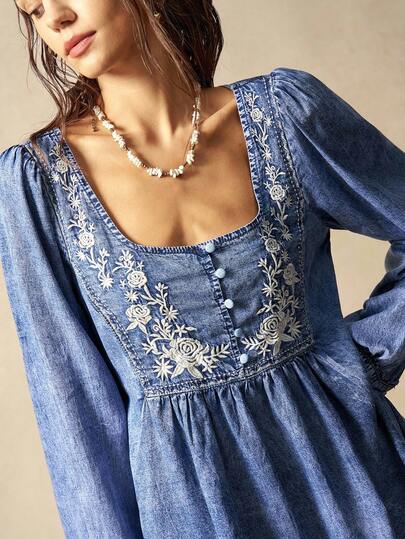 Bohemela 女士休闲纯色梭织牛仔宽松长袖衬衫