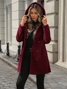 EMERY ROSE Abrigo con capucha y doble botonadura, informal para otoño/invierno - Burdeos - Ver 4