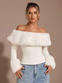 SHEIN BAE Apricot Off Shoulder Fuzzy Tight-Fitting Long Sleeve Sweater Top, Thermal Lined Thick Autumn/Winter Top,Valentine's Day,Valentine Outfits For Women