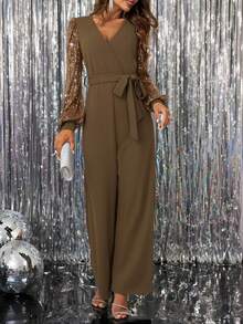 Gownix Women's Elegant Sequin Lantern Sleeve Surplice Neck Belted Jumpsuit, Suitable For Party In Autumn/Winter - Coffee Brown - View 3