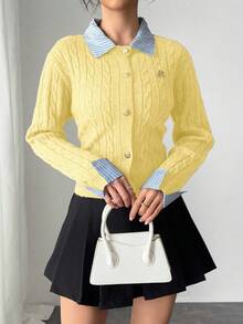 EMERY ROSE Áo khoác len cardigan ngắn 2 trong 1 chắp vá thời trang lấy cảm hứng từ Blogger, phong cách Châu Âu và Mỹ - Vàng nhạt - Xem 5