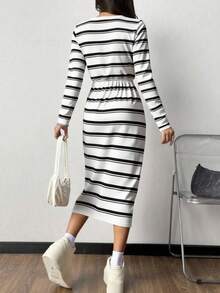 Pariaura 女士条纹腰部收紧休闲通勤简约风格连衣裙 - 黑與白 - 查看 2