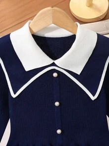 Sparklyn Váy len dệt kim dài tay cho bé gái tuổi mới lớn, mặc đi nghỉ thường ngày kiểu Pháp, mùa thu/đông - Xanh đậm - Xem 3
