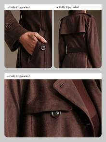 Anewsta 棕色方领双排扣长款麂皮风衣，配腰带，优雅别致，适合秋季、冬季、新年、圣诞节、外出穿着 - 咖啡棕 - 查看 8