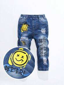 Baby Boys Street Fashion Ripped Distressed Stonewashed Straight Leg Jeans With Elastic Waist And Smiling Face English Print - Medium Wash - View 3