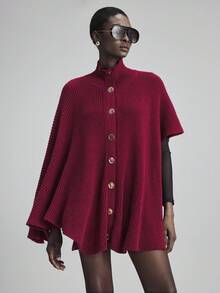 Ontre Áo len Poncho len pha nút màu trơn đơn giản dành cho nữ, Thu/Đông - Màu Đỏ Sâu - Xem 4