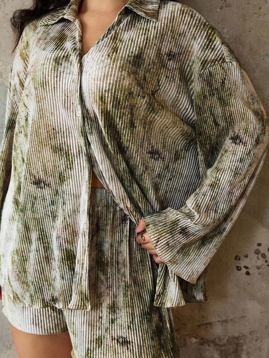 Flirla Set de 2 piese, cămașă și pantaloni scurți, cu mânecă lungă, casual, mărime plus - Verde - Vizualizare 1
