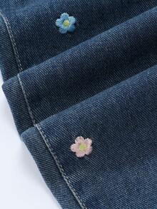 SHEIN Vintaside Kids Vacation Style Cute Casual Loose Colorful Floral Embroidered Girls Toddler Blue Denim Flare Pants
