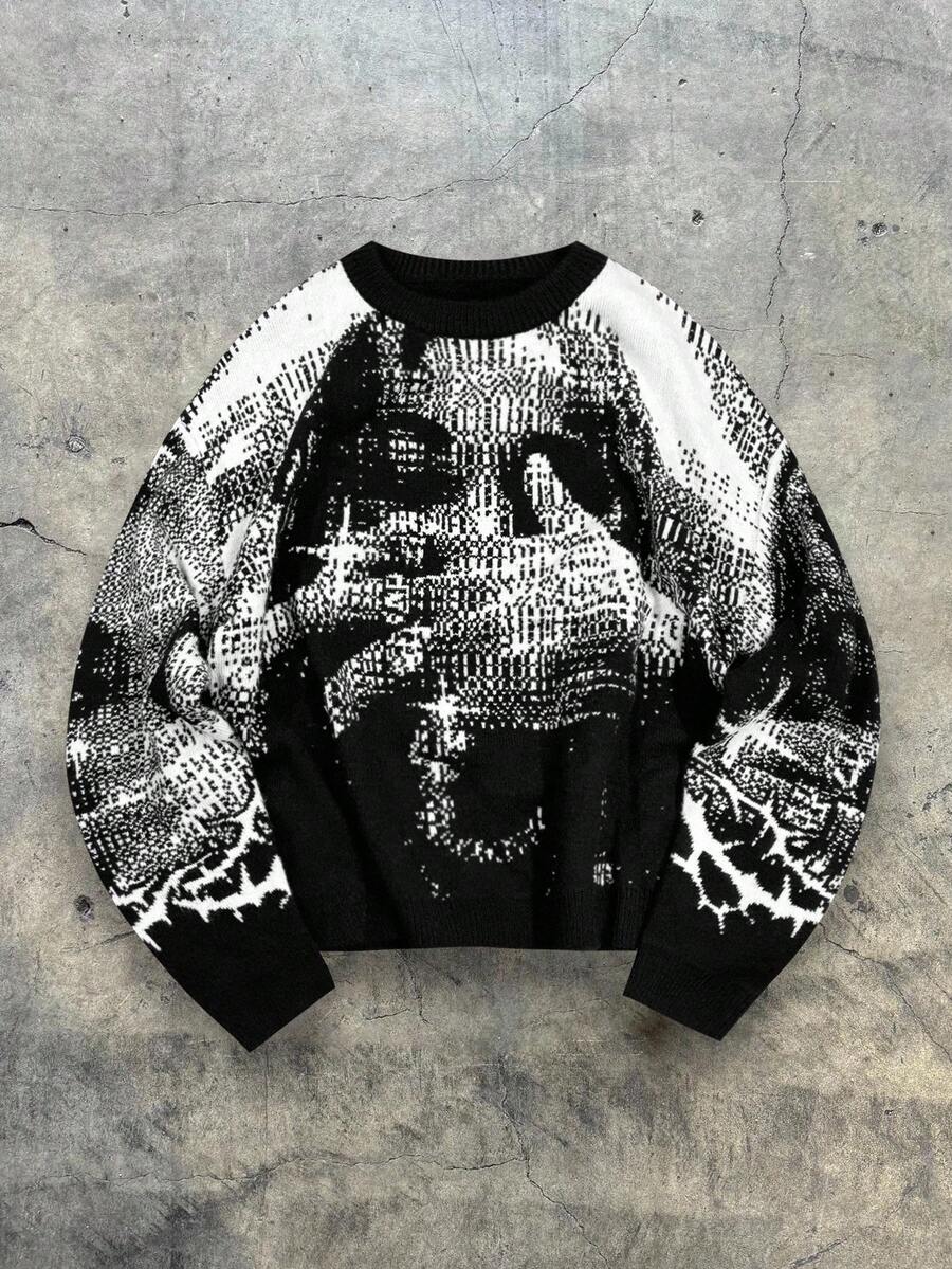 AXEPEAK Men's Portrait Print Crew Neck Casual Long Sleeve Pullover Sweater, For Fall Winter