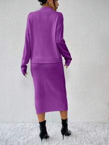 Almamuse 2pcs Set: Casual Stand Collar Long Sleeve Top And Elegant Knit Skirt - Mauve Purple - View 2