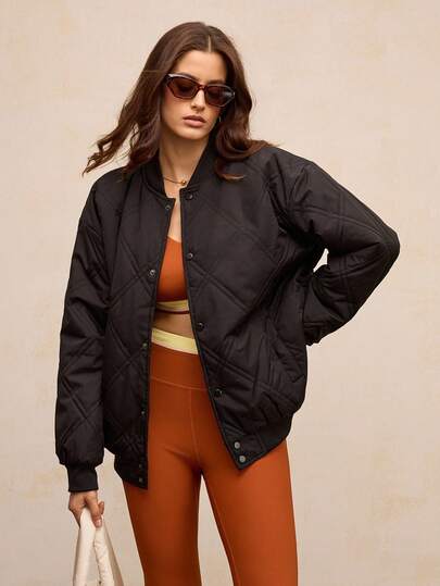 Activina 女士休闲日常通勤百搭纯色绗缝运动棒球夹棉外套，秋冬