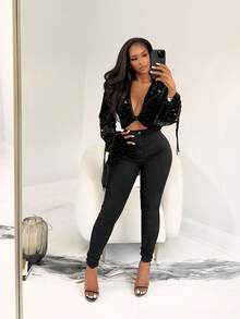 BamGleam Women's Velvet Rhinestone Embellished Front Twist Slit Sleeve Blouse - Black - View 6