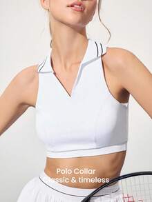 CourtClass Women's Contrast Stripe Hollow Back Sports Bra - Black and White - View 3