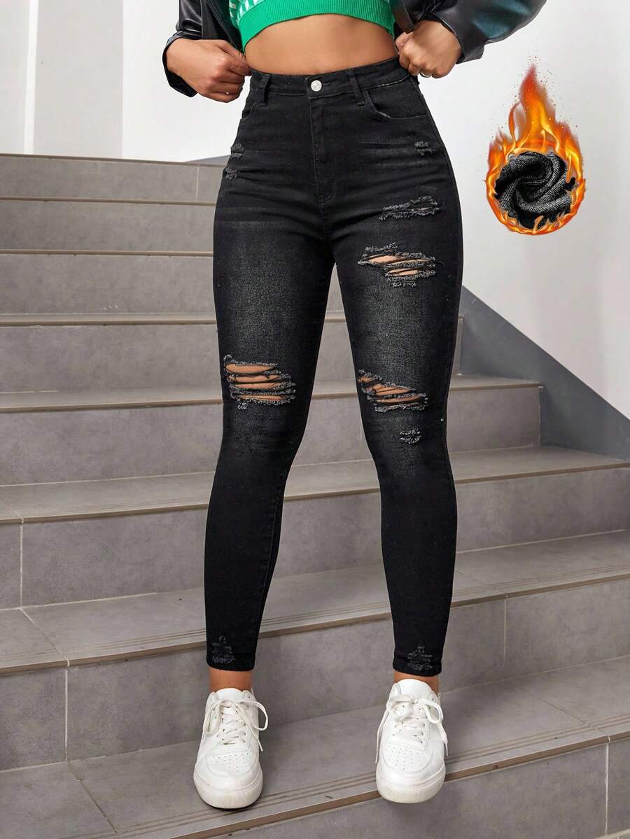 SHEIN ICON 女式高腰口袋做旧紧身保暖内衬休闲牛仔裤 - 黑色 - 查看 1