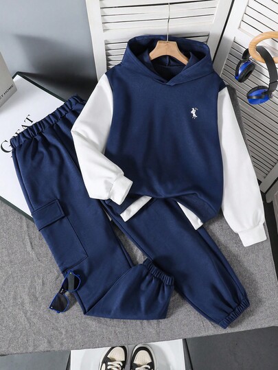 2pcs/Set Casual Stylish Teenager Boys Sweatshirt & Cargo Pants Set, Colorblock, Graphic Print, Elastic Waist, Side Pockets, Loose Fit, Versatile For Daily Wear, Commute, Outdoor, Sports, School, Street, Party, Suitable For Autumn, Spring, Winter