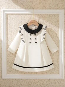 Souflis Souflis 2025 Herbst/Winter Neuankömmling Französischer Retro Weiß Kontrastfarbe Peter Pan Kragen Collegestil Mädchen Kleid - Weiss - Übersicht 1