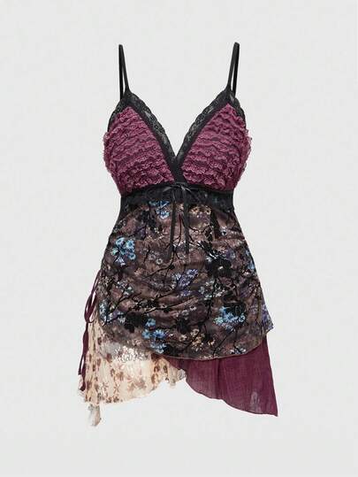 Millennium Hippie Retro Flocked Floral Ruched Asymmetrical Hem Layered Women Camisole Dress