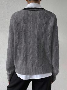 EMERY ROSE Suéter casual de hombros caídos con cuello de contraste, otoño/invierno - Gris - Ver 2
